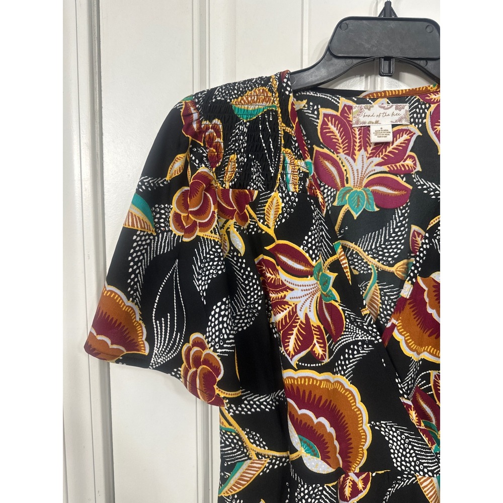 Band of the Free Floral Wrap Maxi Dress Black Short Flutter Sleeve Ruffle Hem S - Picture 2 of 8